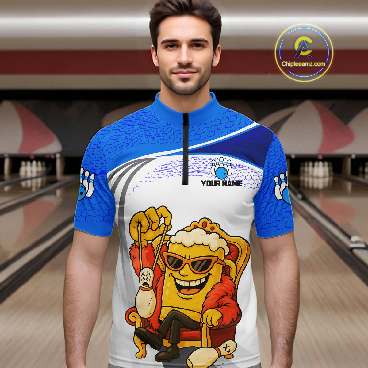 Custom Funny Blue Beer Polo Bowling Team Shirt for Men Quarter-Zip Bowling Jersey Outfit QZT820