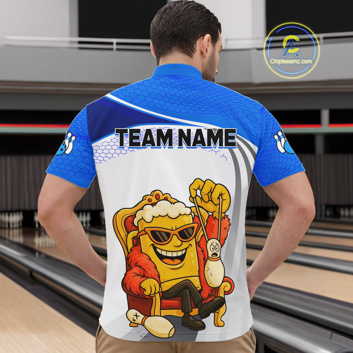 Custom Funny Blue Beer Polo Bowling Team Shirt for Men Quarter-Zip Bowling Jersey Outfit QZT820