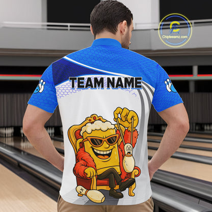 Custom Funny Blue Beer Polo Bowling Team Shirt for Men Quarter-Zip Bowling Jersey Outfit QZT820
