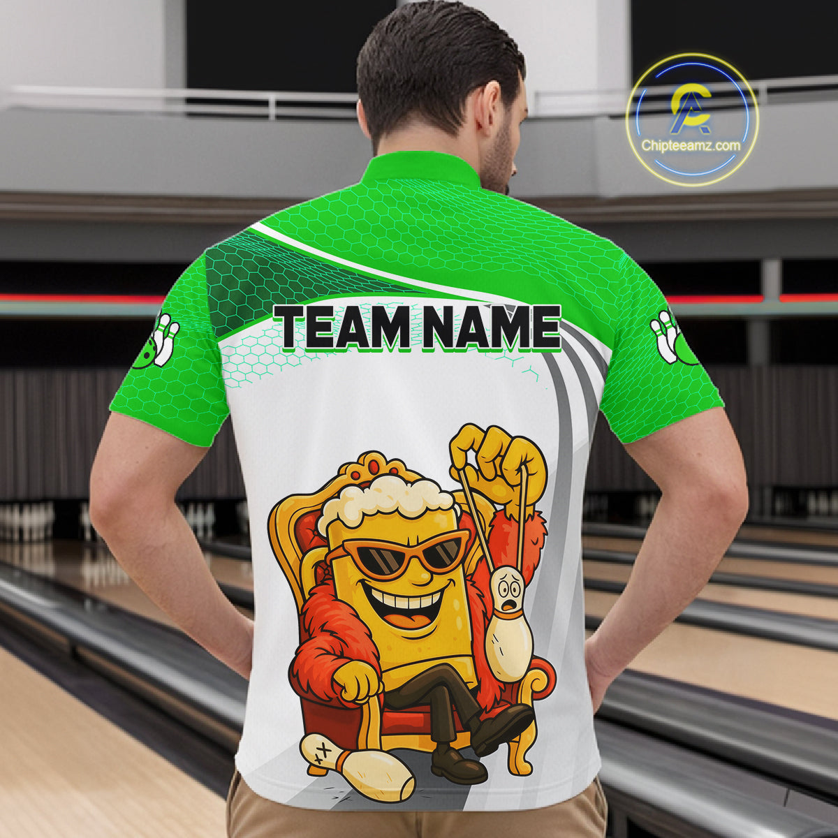 Custom Funny Green Beer Polo Bowling Team Shirt for Men Quarter-Zip Bowling Jersey Outfit QZT820