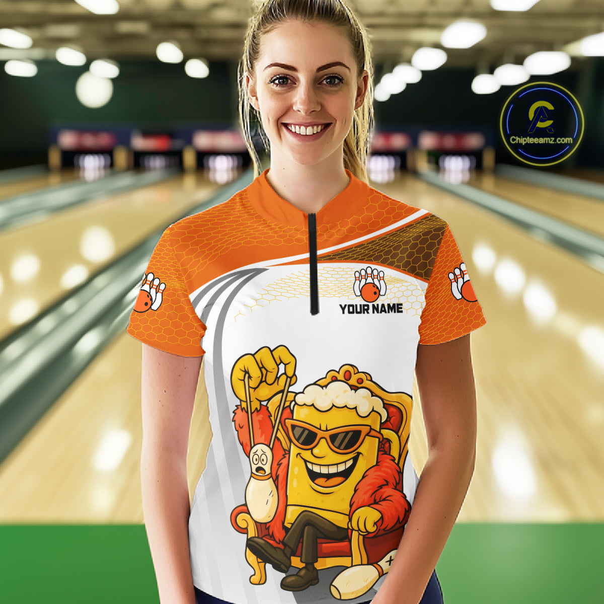 Custom Funny Orange Beer Polo Bowling Team Shirt for Women Quarter-Zip Bowling Jersey Outfit QZT820