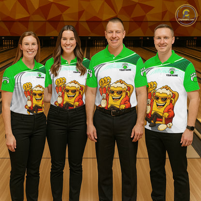 Custom Funny Green Beer Polo Bowling Team Shirt for Men Quarter-Zip Bowling Jersey Outfit QZT820