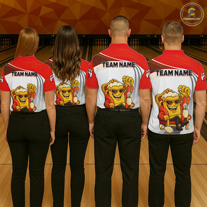 Custom Funny Red Beer Polo Bowling Team Shirt for Men Quarter-Zip Bowling Jersey Outfit QZT820