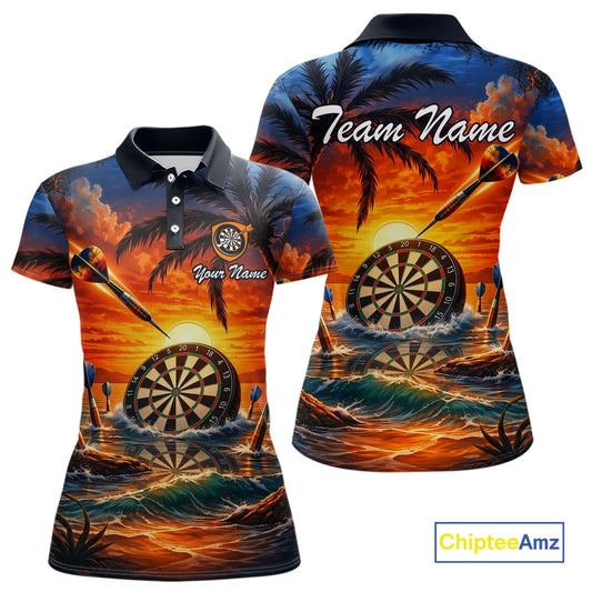 Custom Dart Team Shirts for Women Polo & 1/4 Zip Dart Jersey Sunset Tropical Design Dartboard Shirt DHT30