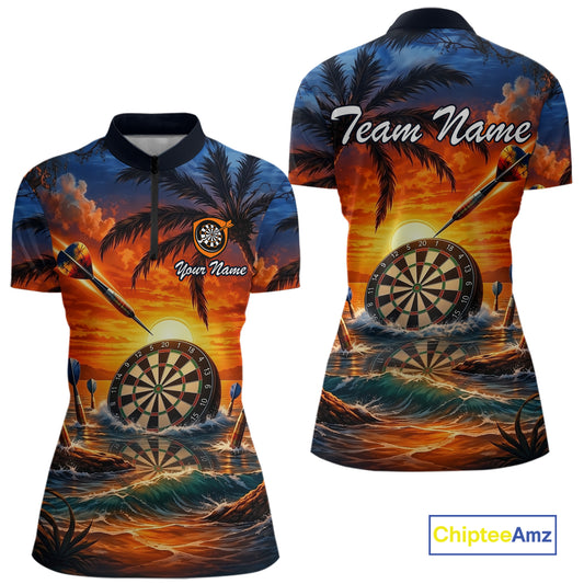 Custom Dart Team Shirts for Women Polo & 1/4 Zip Dart Jersey Sunset Tropical Design Dartboard Shirt DHT30