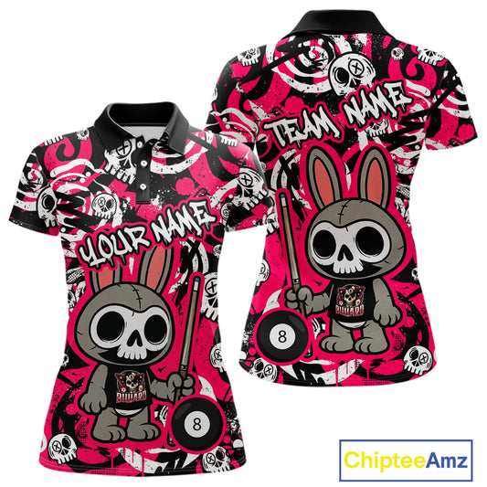 Custom Pink Skull Bunny Billiard Shirt for Women Gothic Billiard Team Jersey Polo & Quarter-Zip BHT30
