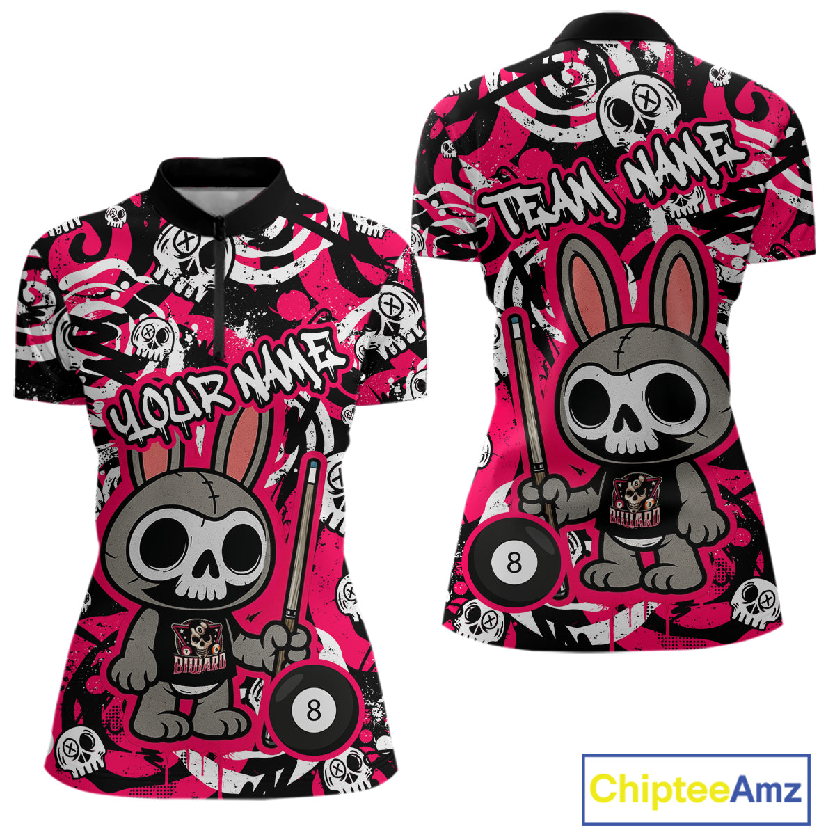 Custom Pink Skull Bunny Billiard Shirt for Women Gothic Billiard Team Jersey Polo & Quarter-Zip BHT30