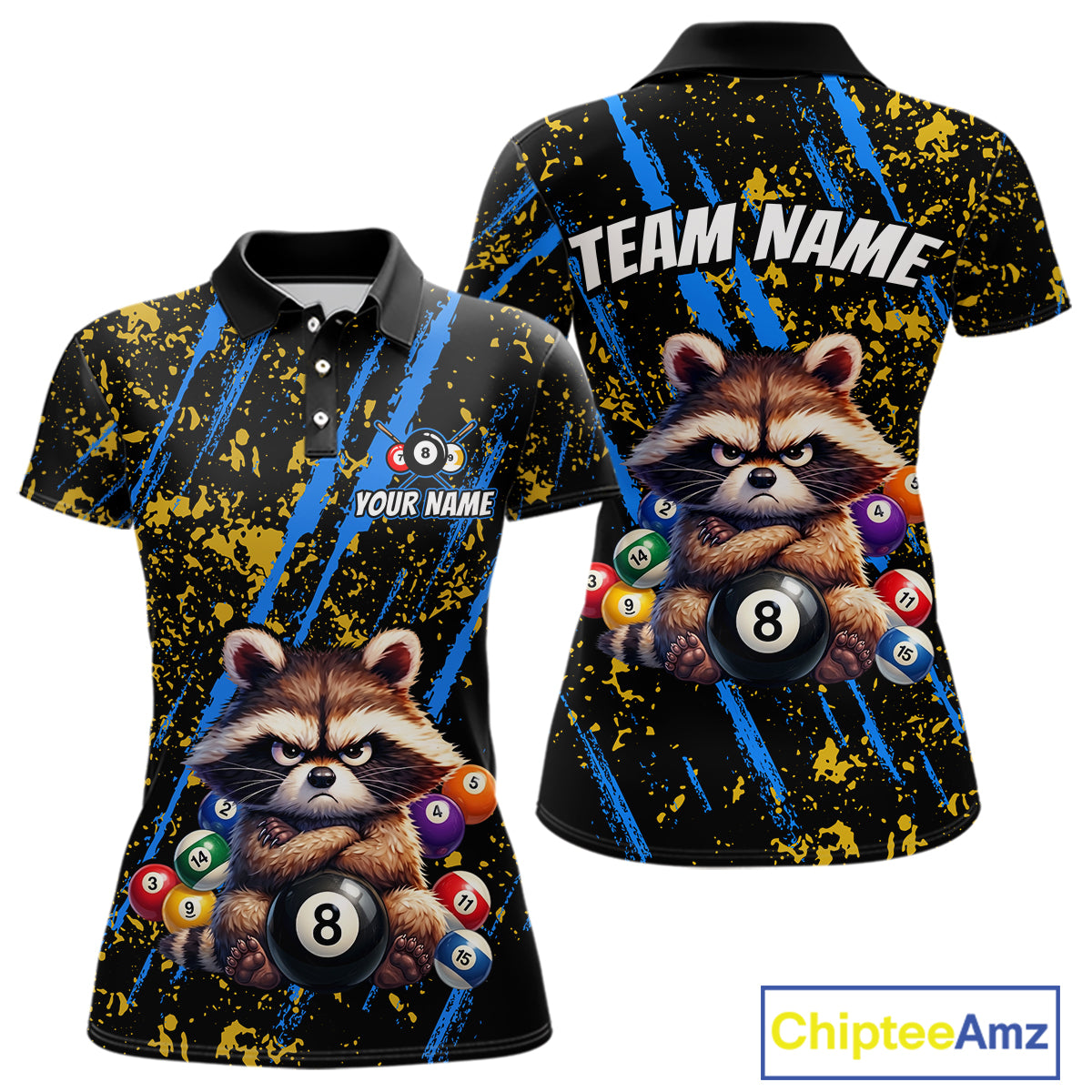 Custom Ugly Raccoon 8 Ball Billiard Shirts for Women Billiard Team Jersey Polo & 1/4 Zip Pool Shirt BHT31