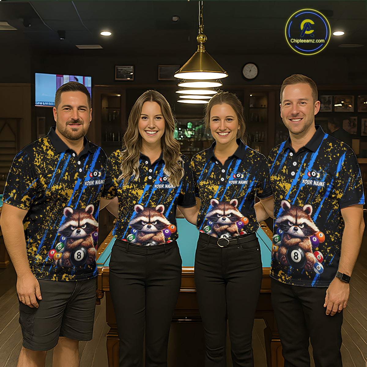 Custom Ugly Raccoon 8 Ball Billiard Shirts for Women Billiard Team Jersey Polo & 1/4 Zip Pool Shirt BHT31