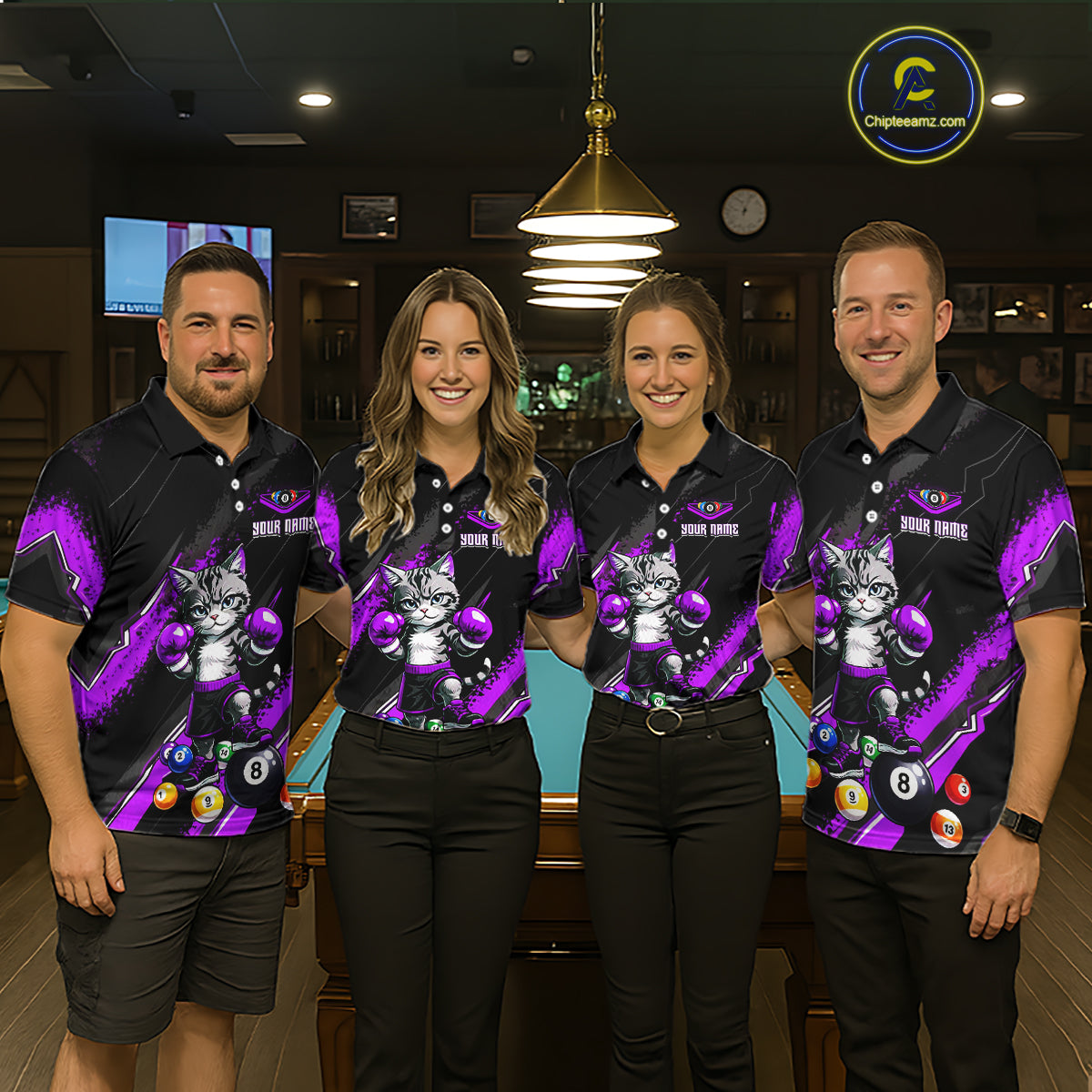 Custom Funny Purple Cat 8 Ball Billiard Shirts for Women Billiard Team Jersey Polo & 1/4 Zip Pool Shirt BHT32