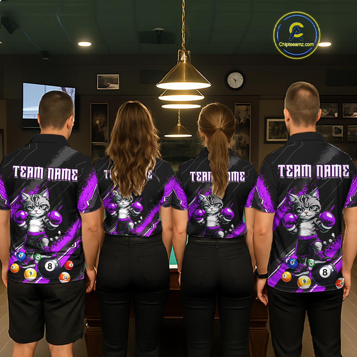 Custom Funny Purple Cat 8 Ball Billiard Shirts for Women Billiard Team Jersey Polo & 1/4 Zip Pool Shirt BHT32