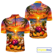 Load image into Gallery viewer, Tropical-themed shirt with beach scene, bowling elements, and 'Chiptee Amz' branding.