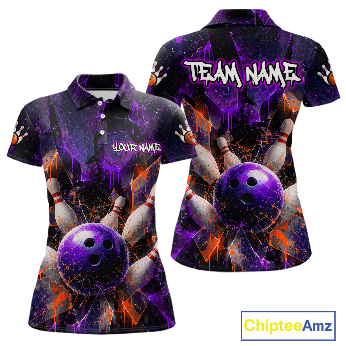 A women's short-sleeve polo shirt shown from the front and back, featuring an all-over bowling graphic print in purple, black, orange, and white. The front has placeholder text reading 'YOUR NAME' and 'TEAM NAME' on the chest and sleeves, and a large purple bowling ball with pins.