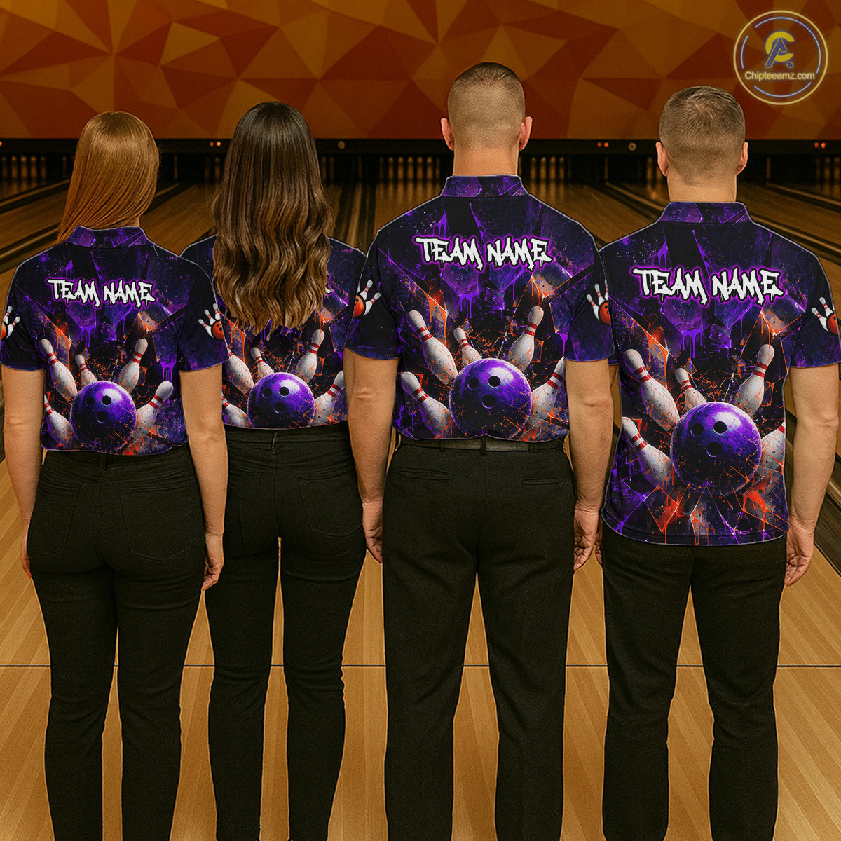 Four people standing from the back in a bowling alley, wearing matching custom bowling shirts with a purple and black space-themed bowling graphic and 'TEAM NAME' printed on the back.