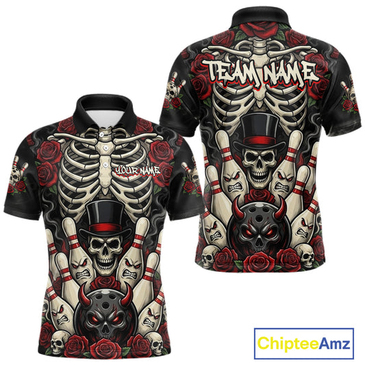 A short-sleeve collared shirt shown from both front and back, featuring an all-over graphic print of skulls, skeletons, red roses, and devil masks on a black background. The front has placeholder text reading 'YOUR NAME', and the back has 'TEAM NAME'.