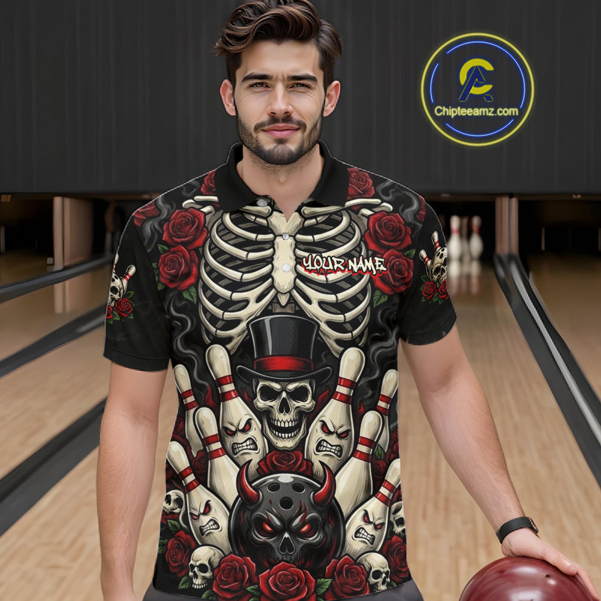 A man wearing a black bowling-themed short-sleeve polo shirt with a large skeleton, skulls, roses, and bowling pins graphic. The shirt features a customizable text placeholder 'YOUR NAME' on the chest.
