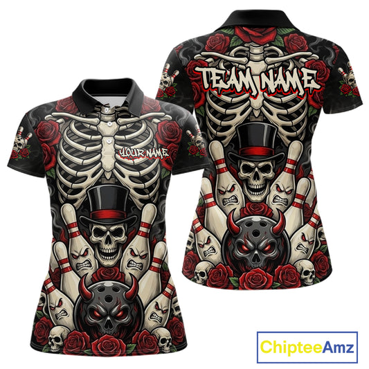 Front and back views of a short-sleeve polo shirt featuring an all-over graphic print with a skeleton, skulls, red roses, bowling pins, devil skulls, and customizable text reading TEAMNAME and YOURNAME.