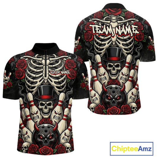 Black short-sleeve polo shirt with a full-body gothic skeleton and skull graphic, shown in front and back views. The design features red roses, white and beige skeletons, black top hats, and devil skulls.