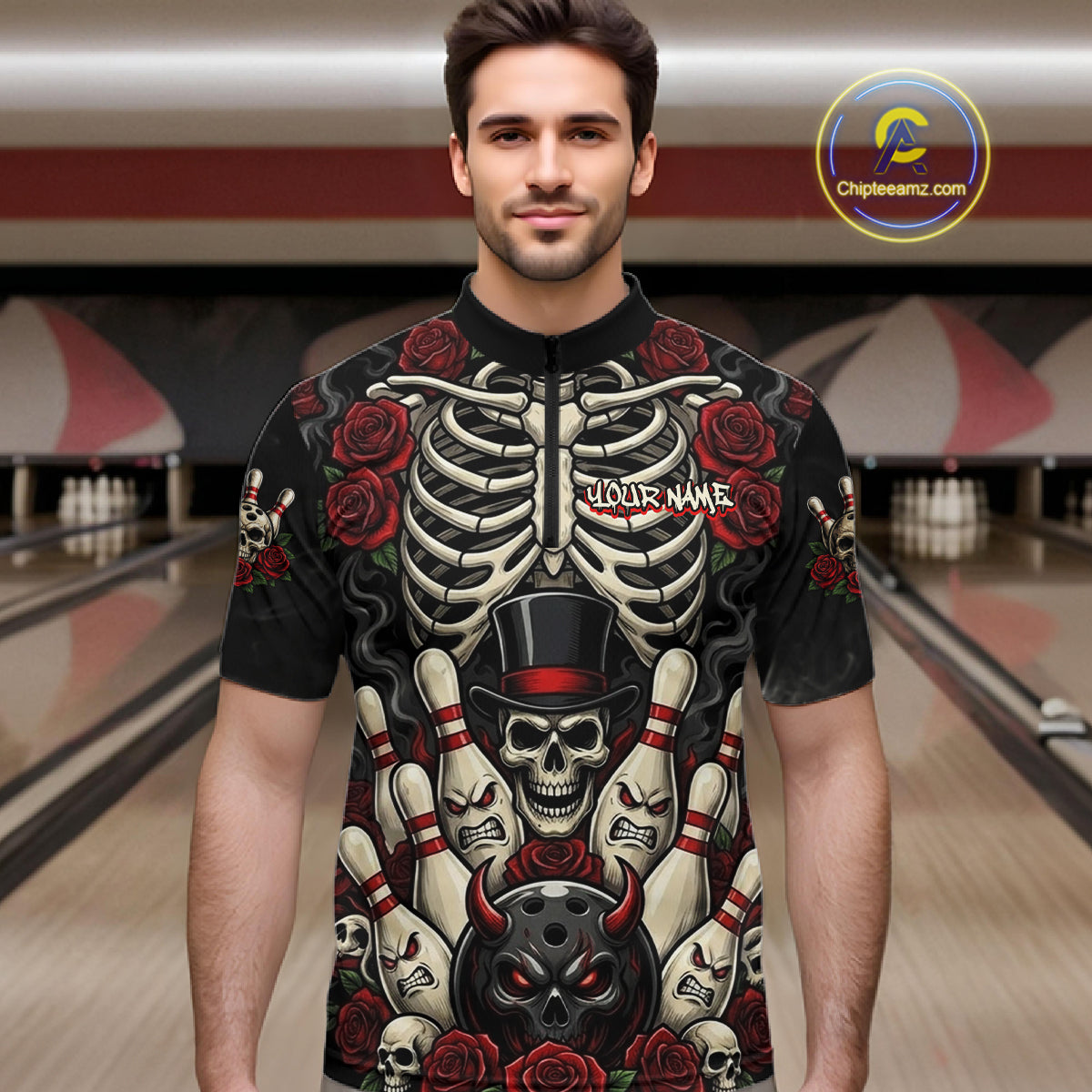 A man wearing a black short-sleeve cycling jersey with a detailed graphic print of a skeleton rib cage, skulls, red roses, and bowling pins, standing in front of a blurred bowling alley background.