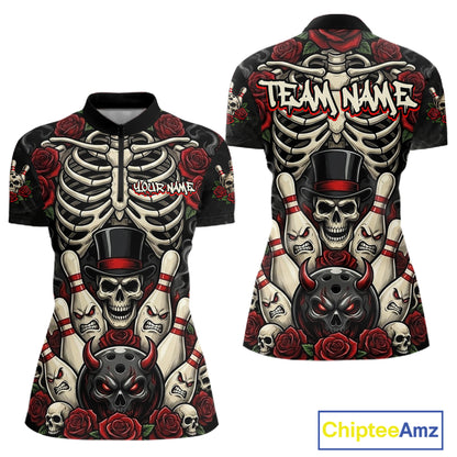 A short-sleeve polo shirt shown from the front and back, featuring a detailed all-over graphic print of a skeleton rib cage, skulls, roses, and bowling pins in black, white, red, and gray. The back has a large 'TEAM NAME' placeholder text across the shoulders.