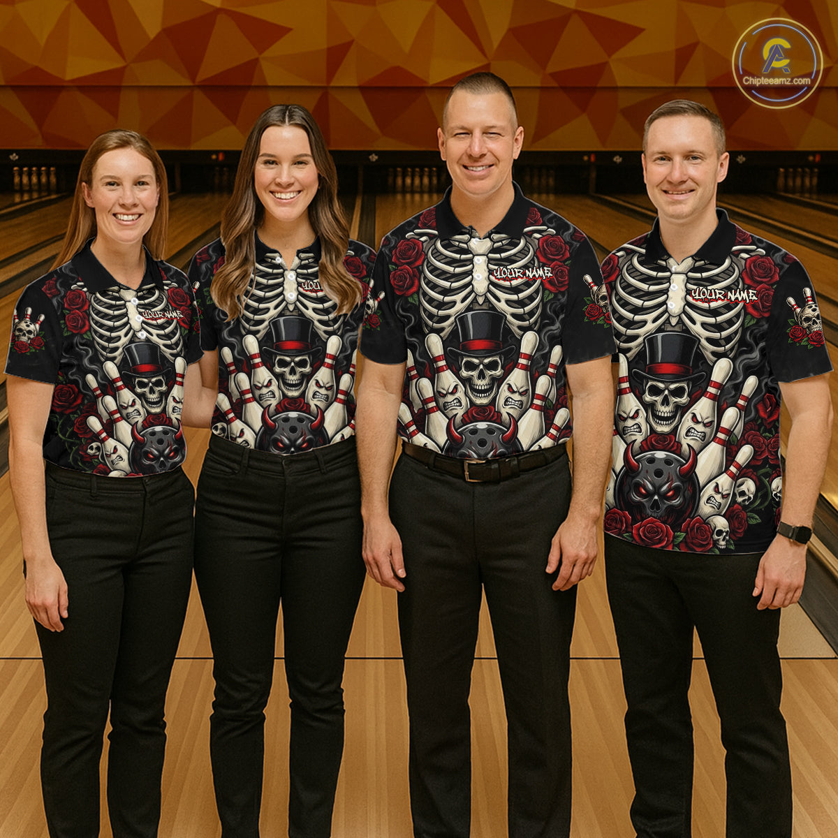 Four people standing together in a bowling alley wearing matching black short-sleeve bowling shirts with a white skeleton and red rose graphic print, paired with black pants. A bowling lane and geometric wall are visible in the background.