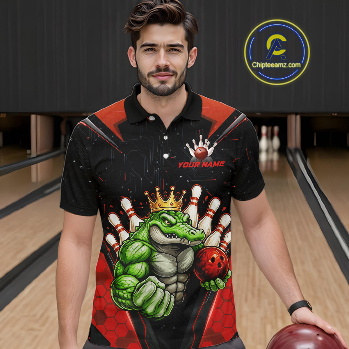 Custom Funny Red Crocodile Bowling Shirt Alligator Bowling Jersey for Men Polo & 1/4 Zip QZT823