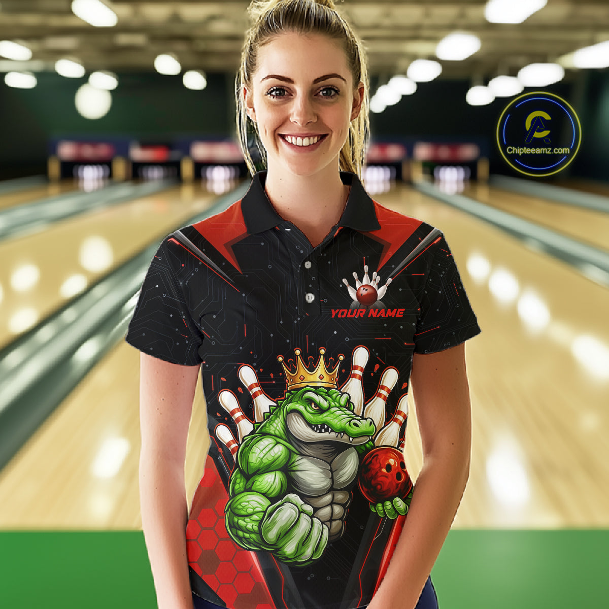 Custom Funny Red Crocodile Bowling Shirt Alligator Bowling Jersey for Women Polo & 1/4 Zip QZT823