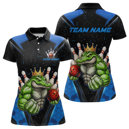Custom Funny Blue Crocodile Bowling Shirt Alligator Bowling Jersey for Women Polo & 1/4 Zip QZT823
