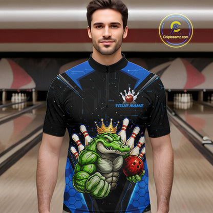 Custom Funny Blue Crocodile Bowling Shirt Alligator Bowling Jersey for Men Polo & 1/4 Zip QZT823