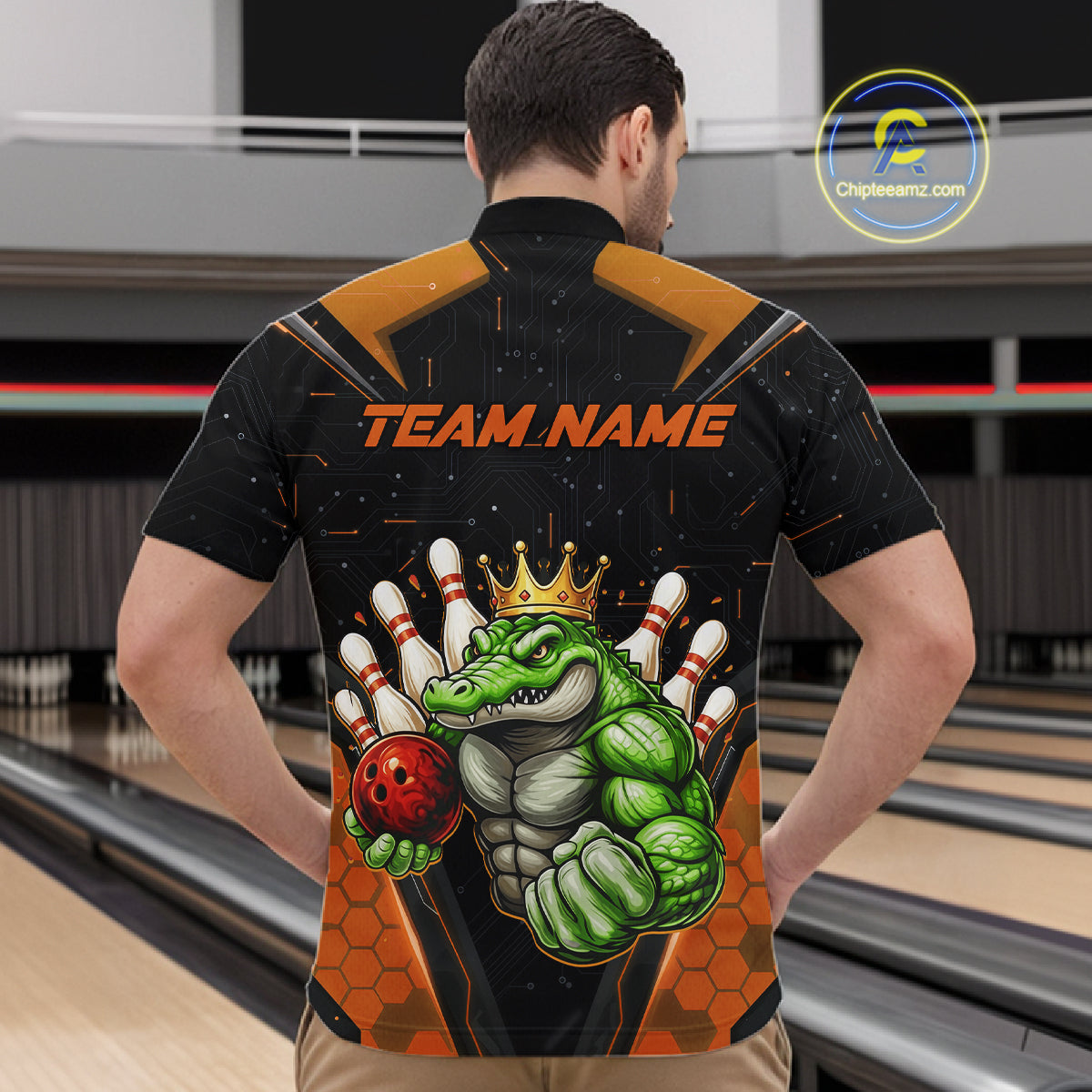 Custom Funny Orange Crocodile Bowling Shirt Alligator Bowling Jersey for Men Polo & 1/4 Zip QZT823