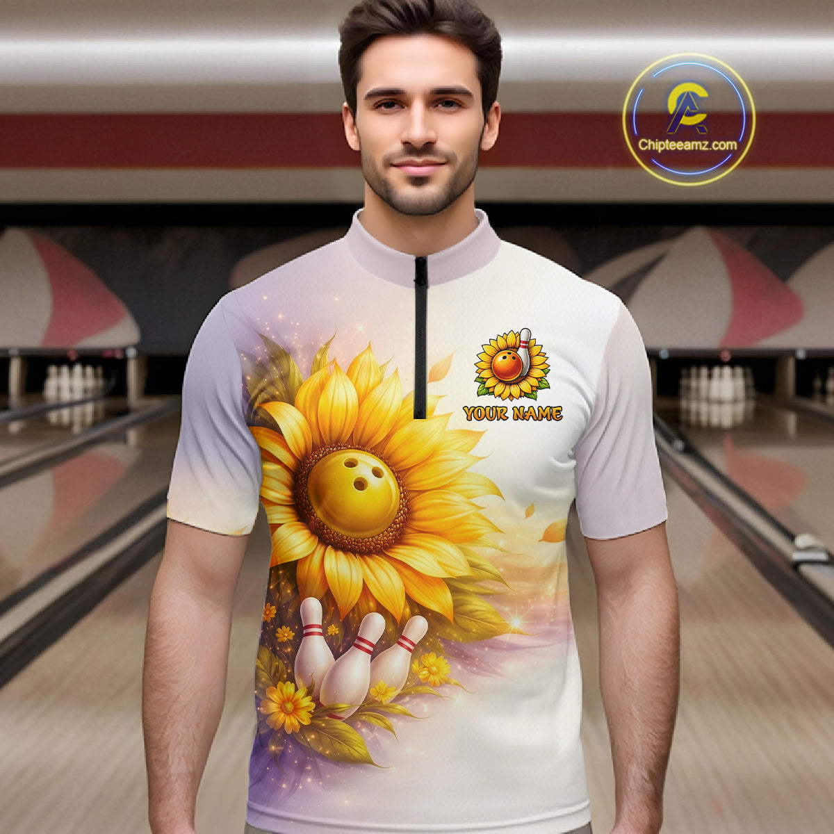 Custom Gradient Sunflower Bowling Shirt for Men Bowling Team Jersey Polo & Quarter-Zip QZT963