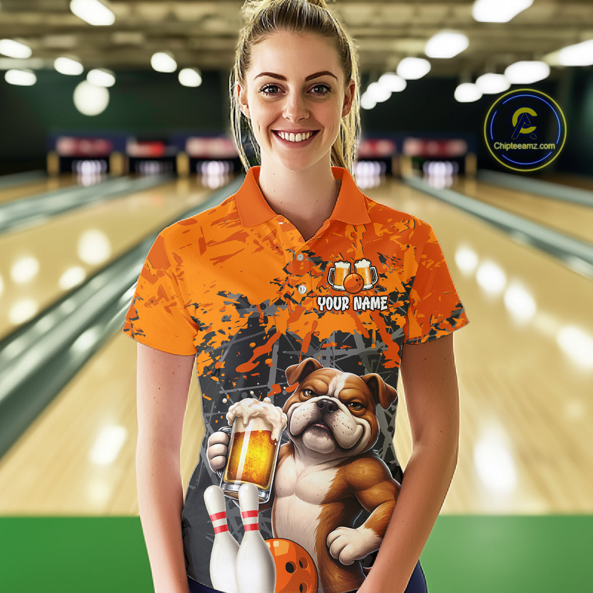 Orange Bull Dog & Beer Bowling Shirt for Women Custom Bowling Team Jersey Bowling Outfit QZT998