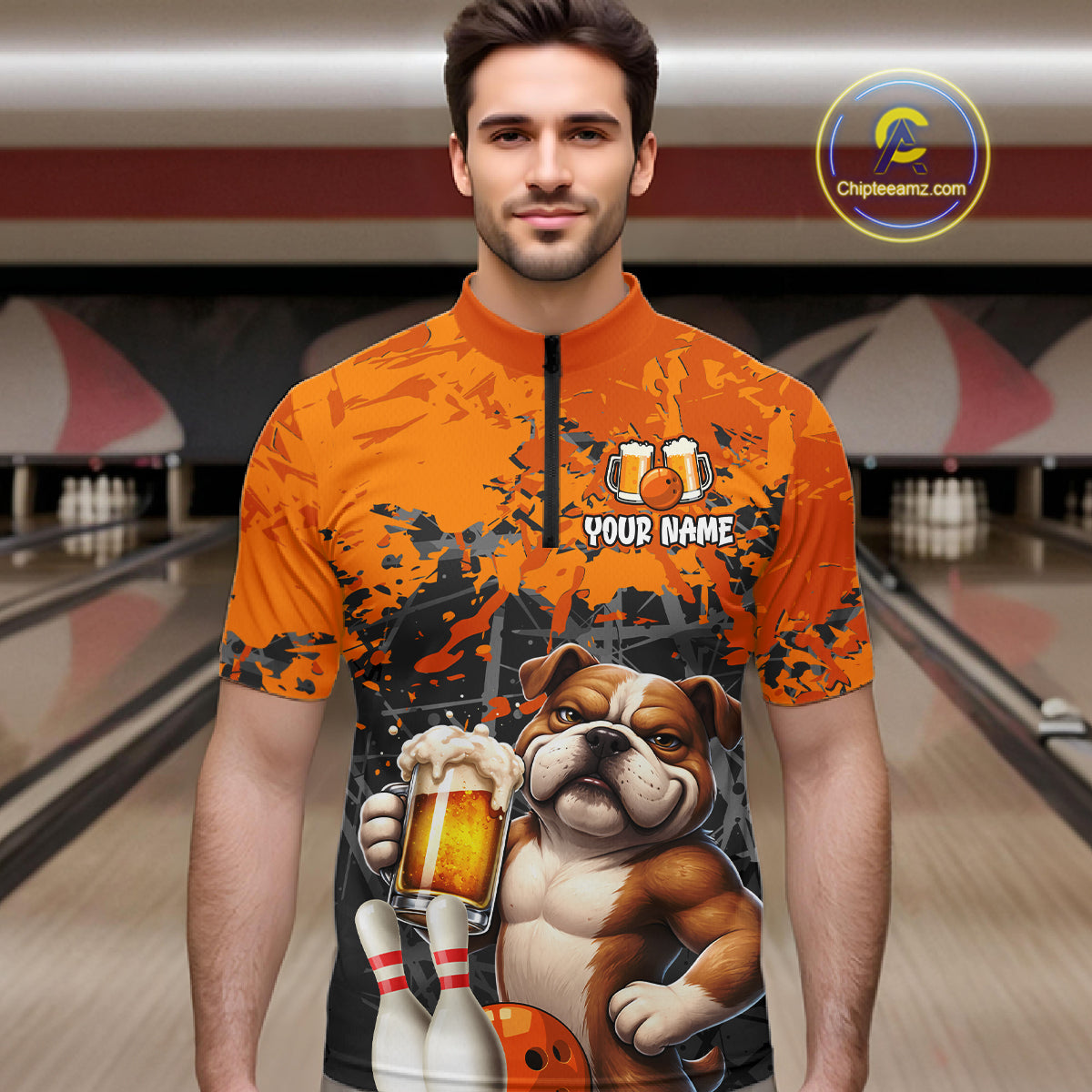 Orange Bull Dog & Beer Bowling Shirt for Men Custom Bowling Team Jersey Bowling Outfit QZT998