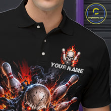 Load image into Gallery viewer, Black polo shirt with fiery skull and bowling design, customizable text area, brand logo visible.
