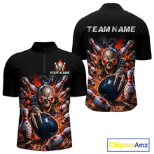 Load image into Gallery viewer, Black bowling-themed shirt with skull and bowling ball design, customizable text on a white background.
