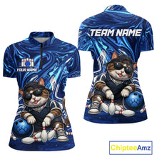 Load image into Gallery viewer, Blue marbled quarter-zip with a cat bowling design and customizable text on a white background.