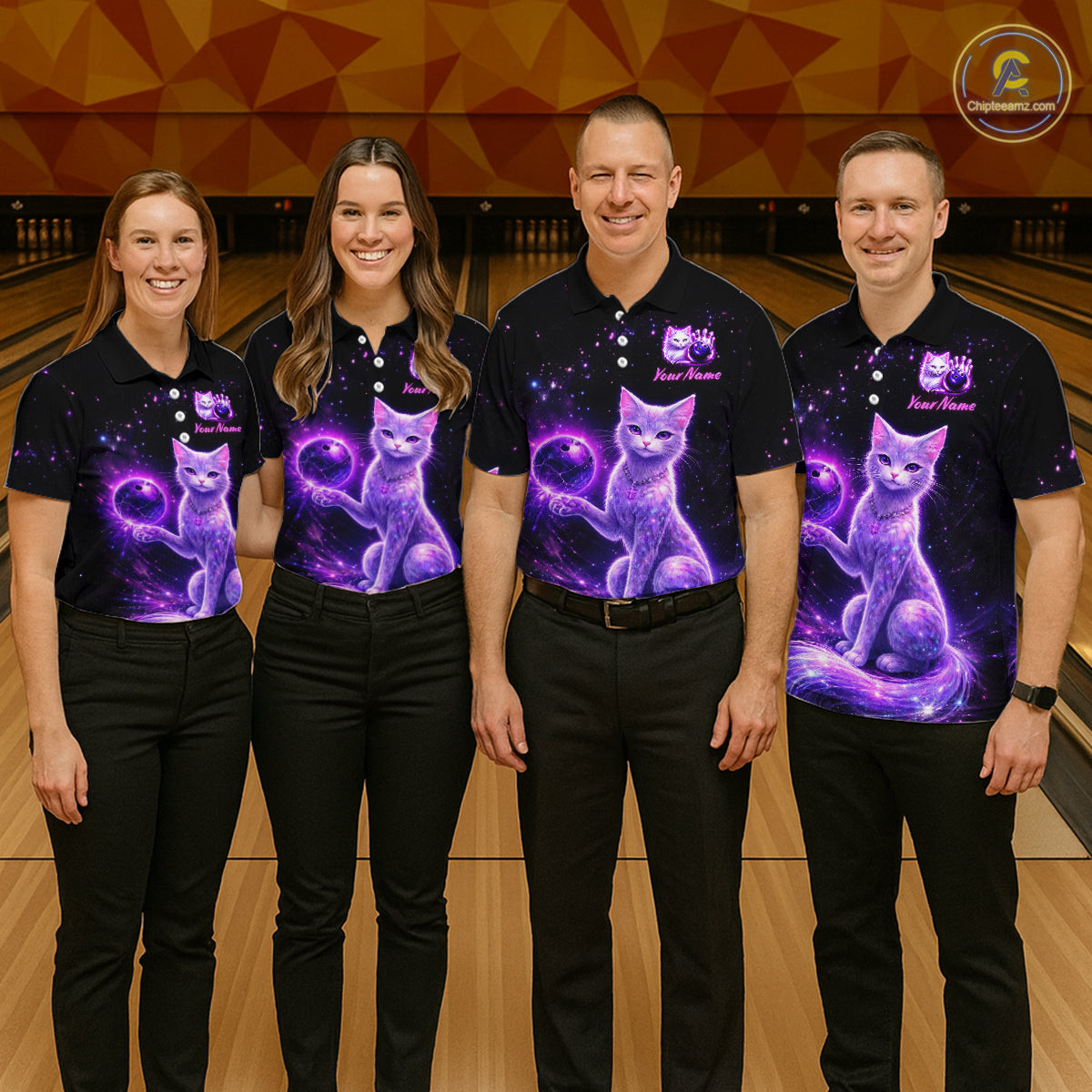 Cat Aurora Galaxy Bowling Shirt  for Women Custom Neon Glow Bowling Jersey Polo & Quarter-Zip QZT968