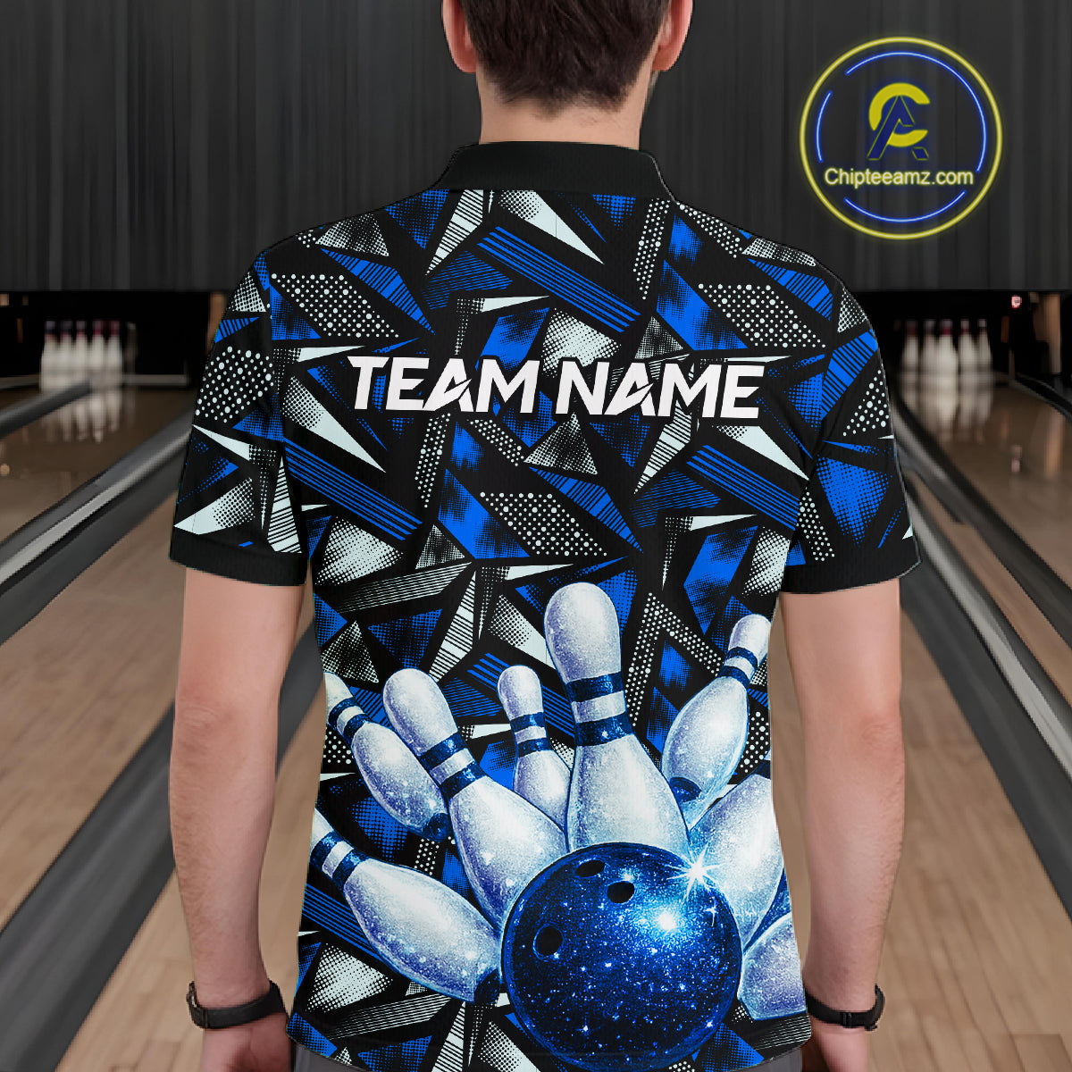 Blue Rhinestone Bowling Shirt for Men Custom Bowling Team Jersey Polo & Quarter-Zip QZT1003