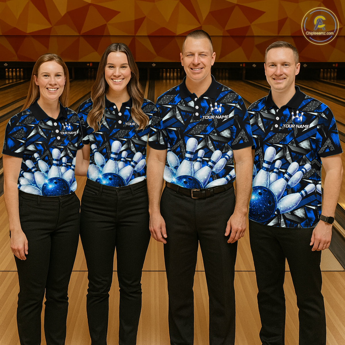 Blue Rhinestone Bowling Shirt for Women Custom Bowling Team Jersey Polo & Quarter-Zip QZT1003