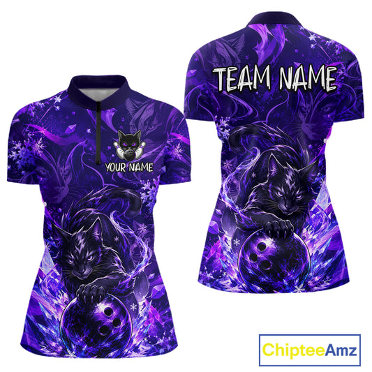 Purple bowling shirt with black cat design on front and back, customizable text areas, and Chiptee Amz branding.