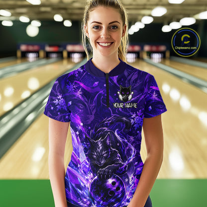 Woman wearing custom purple cat bowling quarter-zip shirt, front view mockup with your name design.