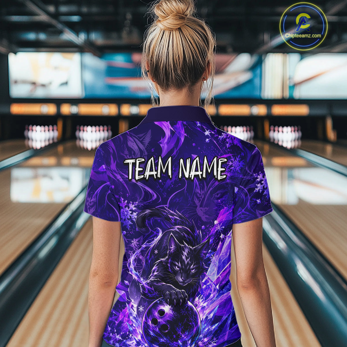 Woman wearing custom purple cat bowling polo shirt, back view mockup with team name design.