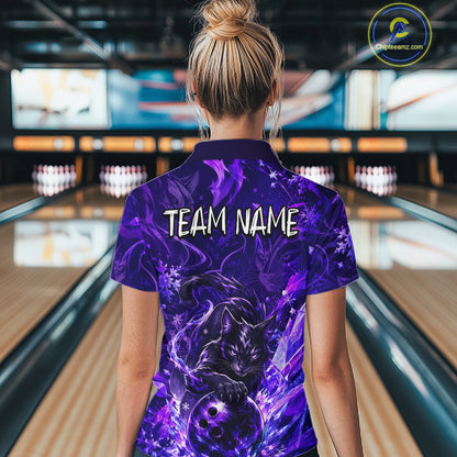 Woman wearing custom purple cat bowling polo shirt, back view mockup with team name design.