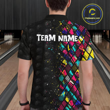 Load image into Gallery viewer, Person wearing a colorful bowling shirt with 'TEAM NAME' on a bowling alley background