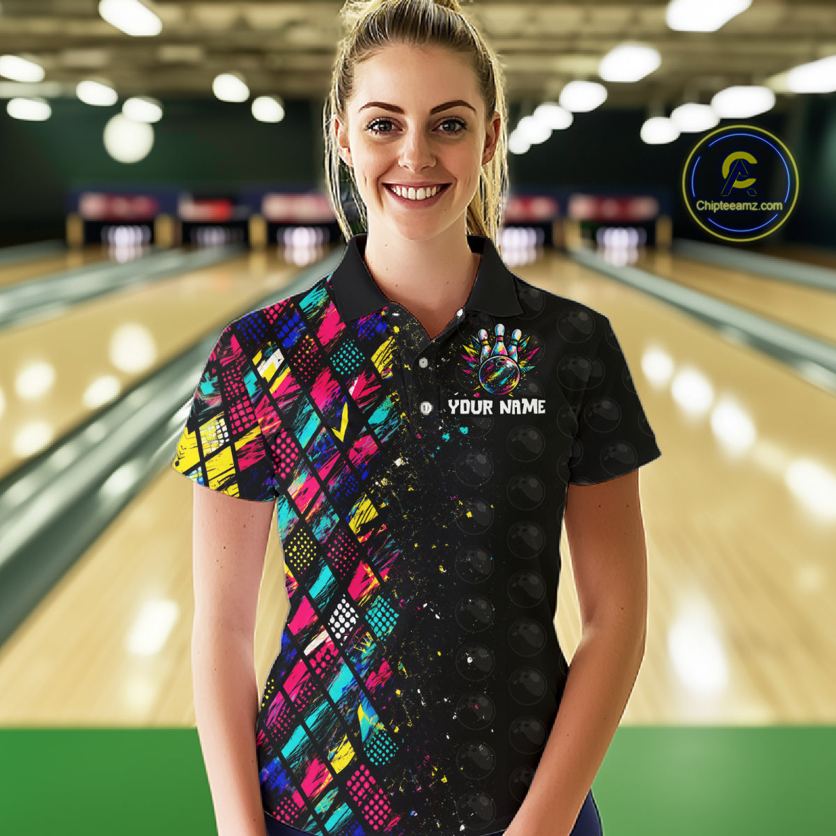 Woman wearing a custom bowling shirt with a colorful pattern and 'Your Name' text in a bowling alley.