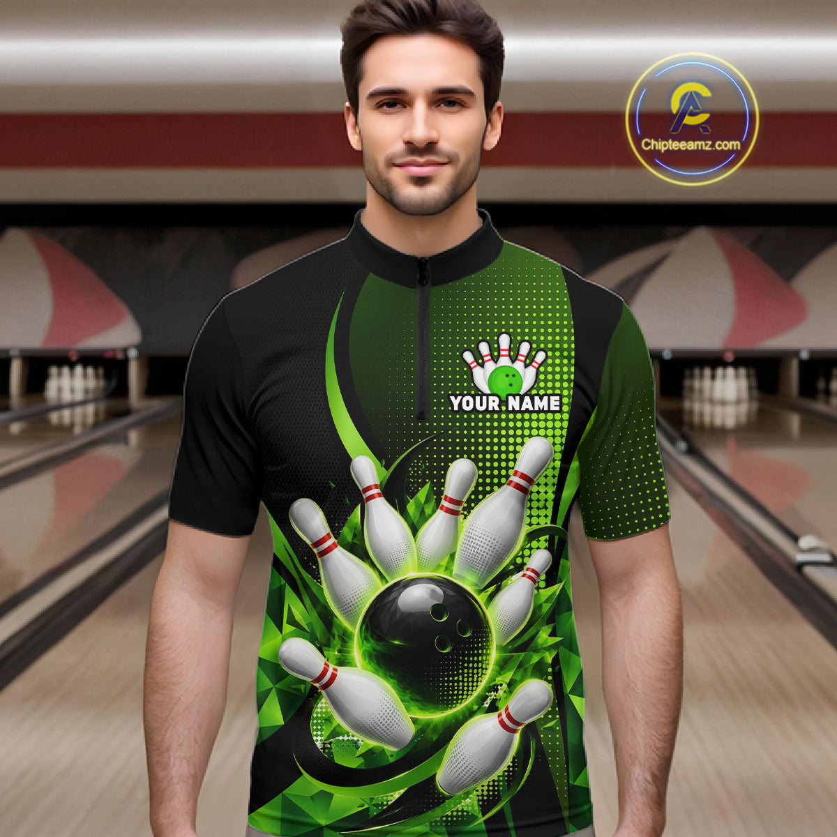 Man wearing a custom bowling shirt with a design of a bowling ball and pins in a bowling alley.