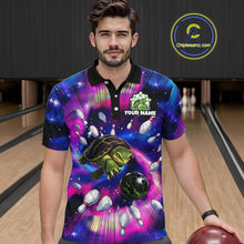 Load image into Gallery viewer, Man wearing a colorful bowling shirt with a turtle design in a bowling alley.