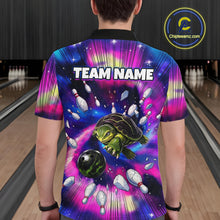 Load image into Gallery viewer, Person wearing a colorful bowling shirt with a turtle design and 'TEAM NAME' text in a bowling alley.