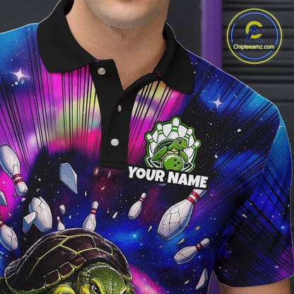 Colorful polo shirt with a turtle and bowling design, featuring 'Your Name' text.