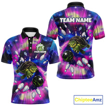 Load image into Gallery viewer, Colorful bowling-themed polo shirt with turtles, bowling balls, and pins on a white background. Brand 'Chiptee Amz' visible.
